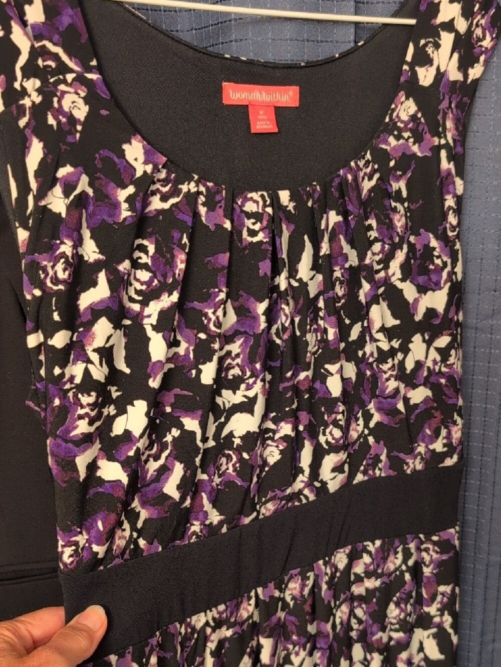 Woman Within Black Dress with Purple & Cream Floral Print